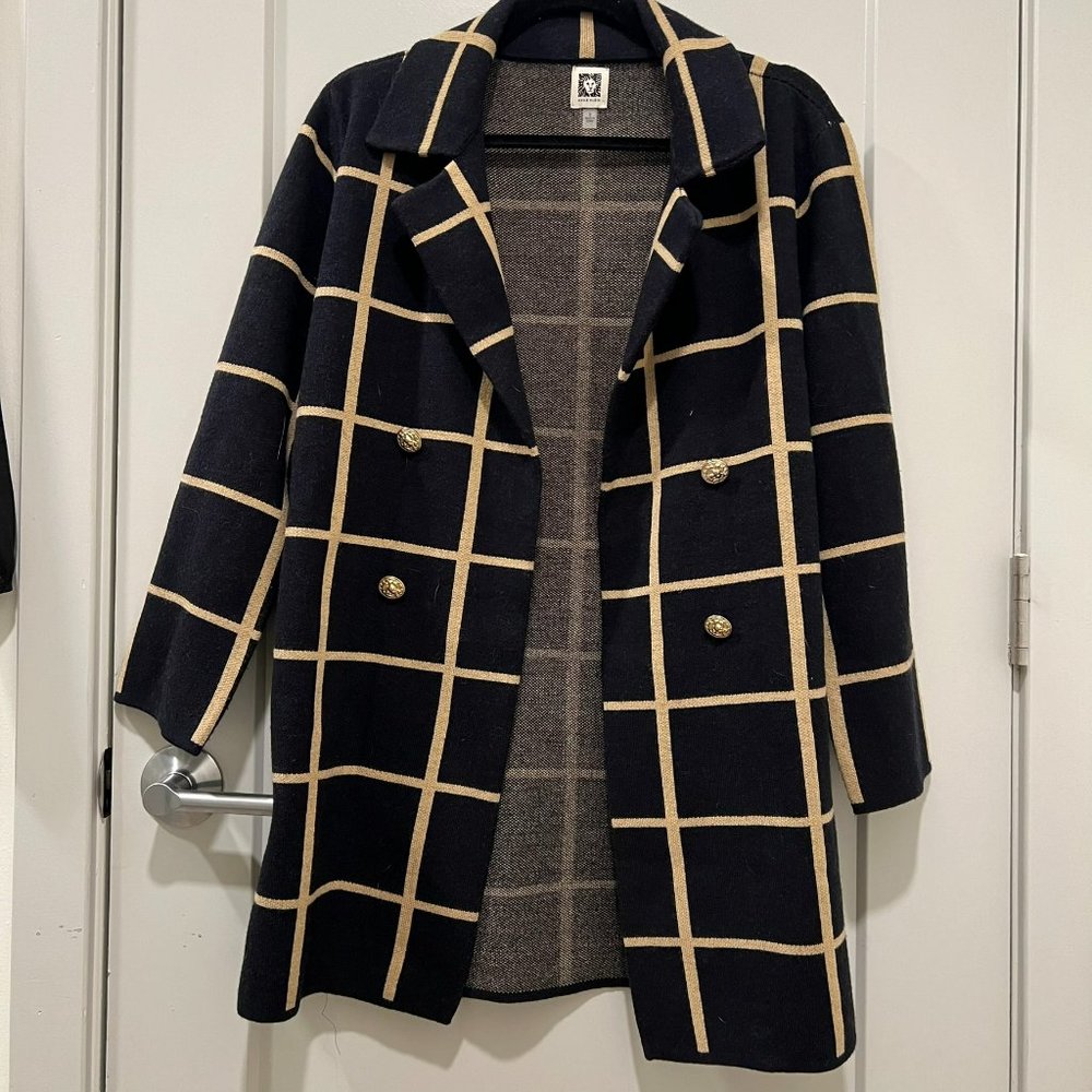 Anne Klein Windowpane Sweater Cardigan - Navy Blue and Tan - Size Small